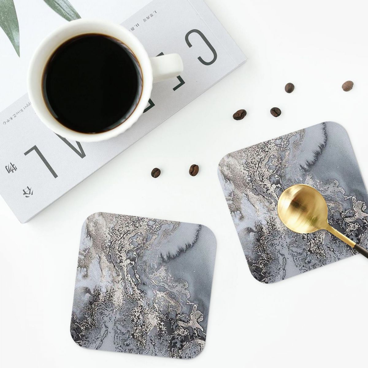 Marble Coaster Set - Tatakan Gelas Marmer Abu-abu dan Perak,